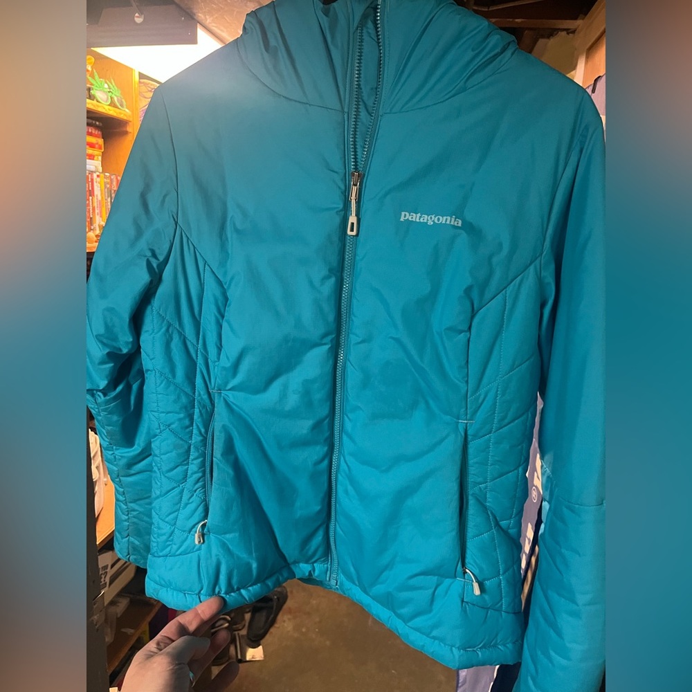 PATAGONIA WOMENS SMALL MICRO PUFF HOODY FULL ZIP JACKET COAT BLUE